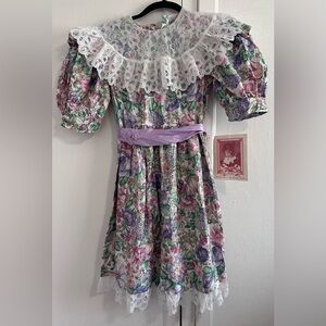 Vtg Sarah Too Charming Floral Kids Dress with Lace and Satin